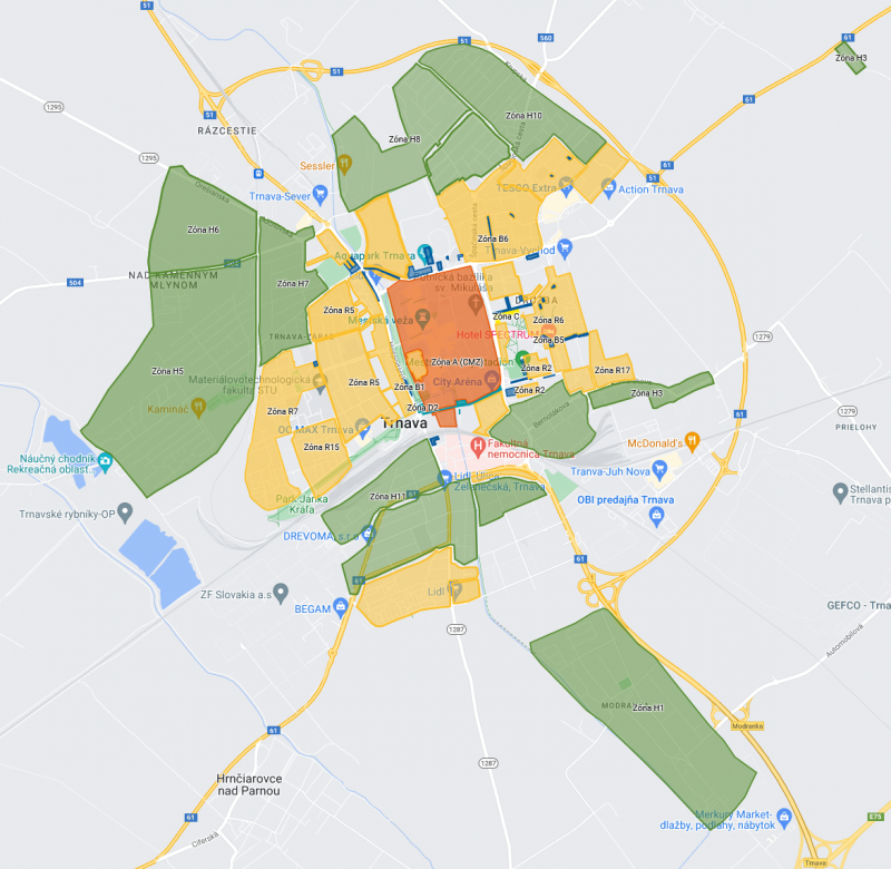 Mapa parkovacích zón v Trnave